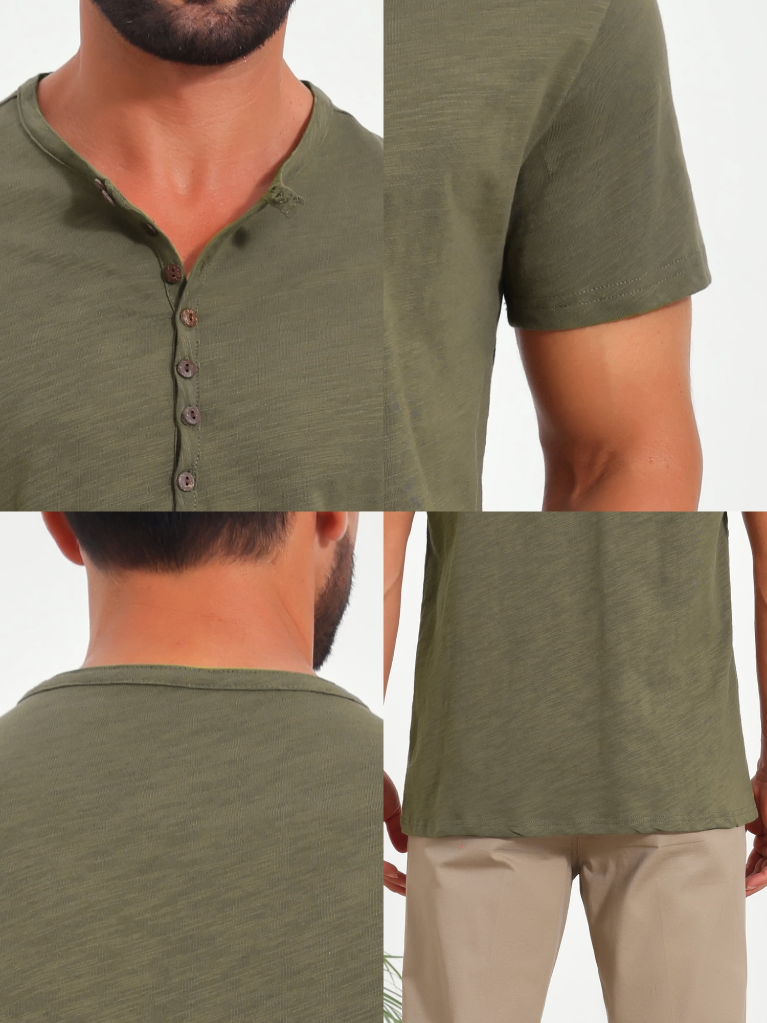 DARING DIVA Men's Retro Henley Texture Button Down Short Sleeve T-Shirt XL Olive Green