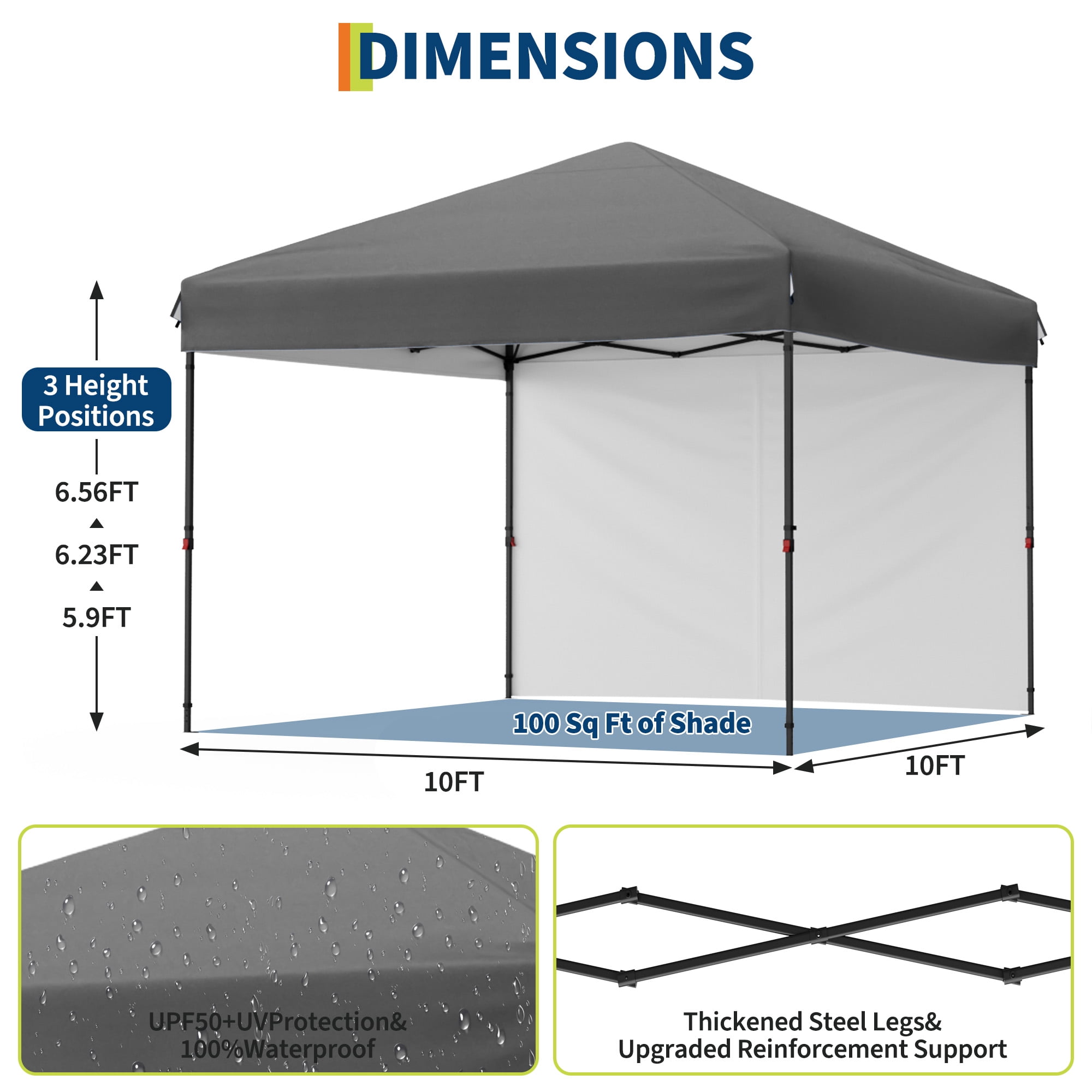 Heavy Duty Pop Up Canopy Tent 10x10 FT – Waterproof & UV Protection – 1 Sidewall – Quick Folding Outdoor Shelter – Easy One-Person Setup – Silver Coated Oxford – Patio, Tailgate, Camping – Grey