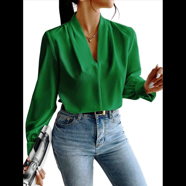 Blusas de Trabajo para Mujer, Blusas de Larga, Blusas de Oficina con Cuello en V, Blusas de para Mujer Verde L