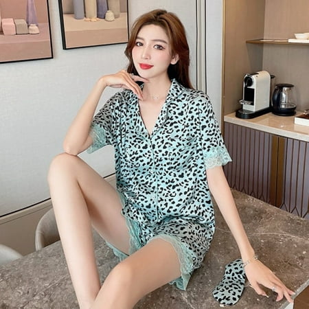 

DanceeMangoo Women Sleepwear Set Summer Pajama Set Turn Down Collar Faux Silk Satin Lace Short Sleeve Casual Female Pijama Home Wear Shorts