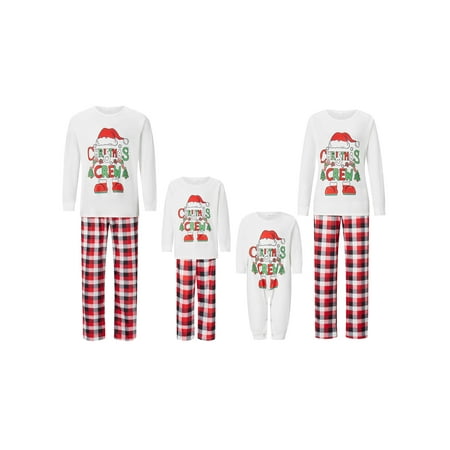 

Frobukio Christmas Family Matching Pajamas Sets Letter Santa Hat Print Long Sleeve Tops Plaid Pants Sleepwear PJs