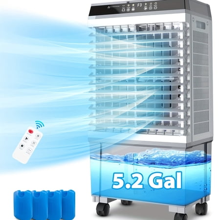 DFSDFGF32 Evaporative Air Cooler, 1800 CFM Swamp Cooler With Remote Control, 5.2 Gallon Large Water Tank, 3 Speed Cooling Fan, 4 Ice Packs, Portable Air Conditioner For Room Garage Commercial