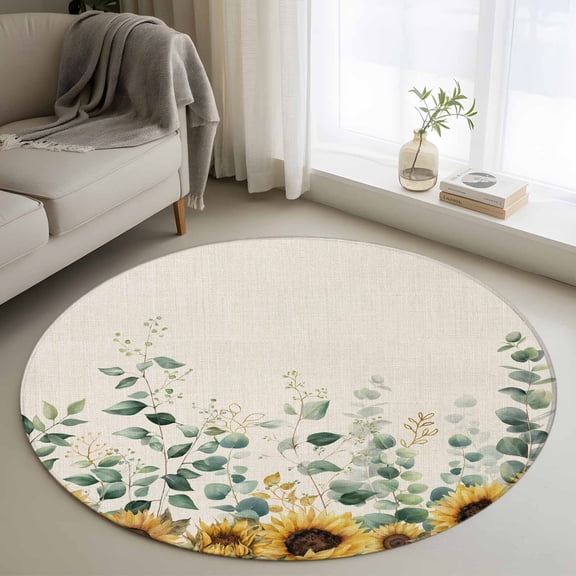 Sunflower Round Area Rug 3 FT, Small Kitchen Bathroom Mat, Yellow Floral Pastoral Botanical Leaves Rustic Washable Indoor Outdoor Throw Runner Carpet Doormat for Table Shower Sofa Entryway