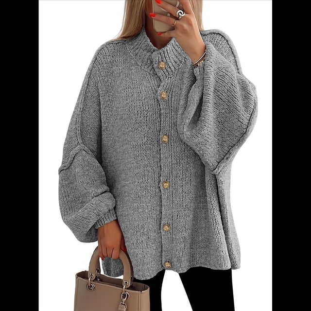 Cárdigan de Invierno con Botones para Mujer, Cuello Alto, Larga, Punto Grueso, Abrigo Gris S