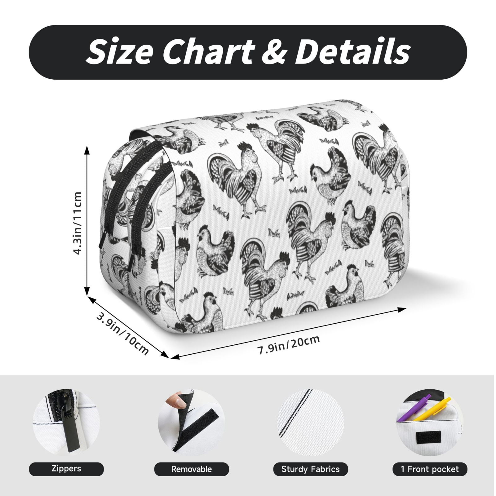 Rateoe Retro Rooster Pattern Double Clamshell Pen Case, Storage Organizer with Two Zipper Compartments– Holds Up to 50 Pencils & Pens