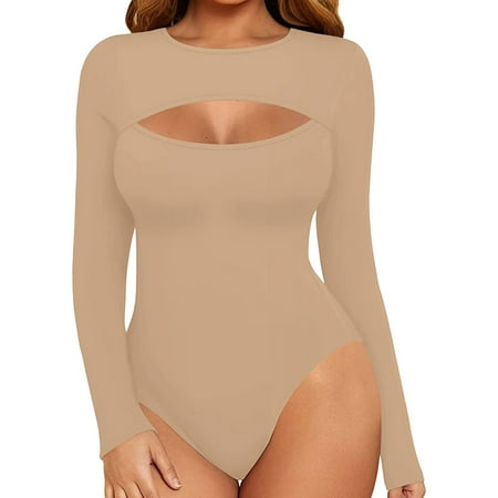 

ZMHEGW Bodysuit for Women Tummy Control Shapewear Crew Neck Long Sleeve Jumpsuit Rompers Solid Print Beige Xl