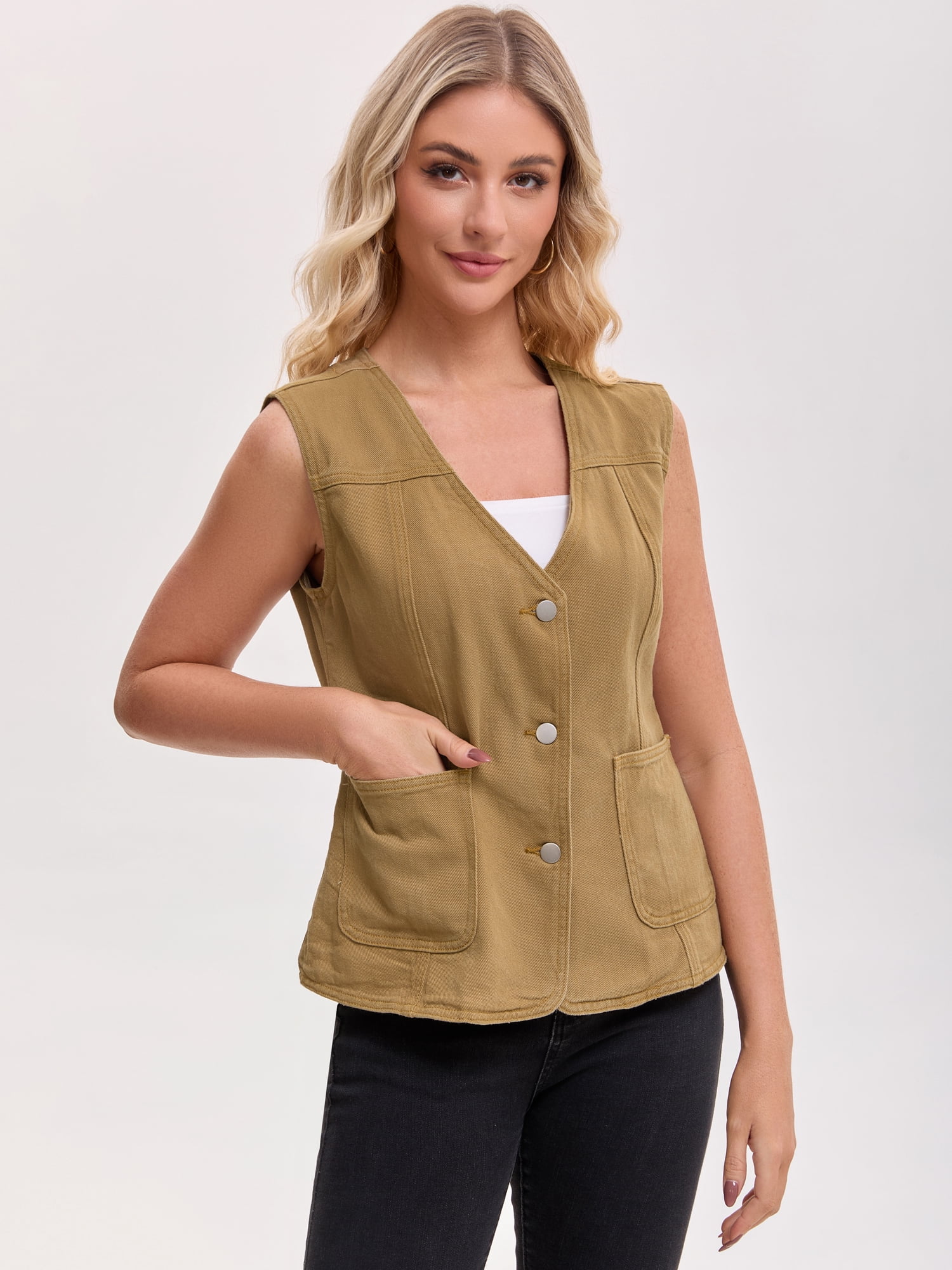 DARING DIVA Women's V Neck Patch Pockets Button Down Sleeveless Jacket 2XL Light Brown