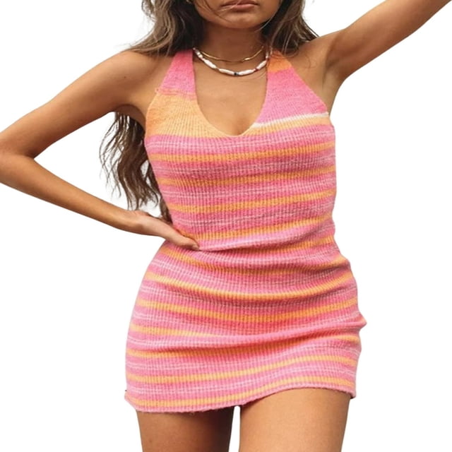 MesaSe Imprimer Robe Moulante en Tricot pour les Femmes Y2K Robes Creuses Robe de Plage d'Été Sans Manches