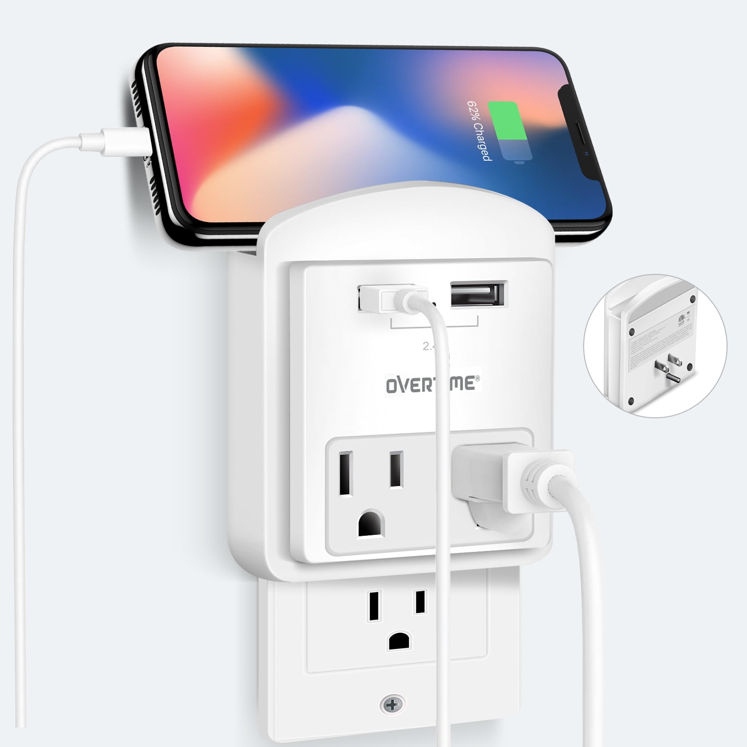 Overtime USB Outlet Wall Adapter | 4 Port Socket Shelf with Dual USB Charging Ports and Dual Outlet Surge Protector - White