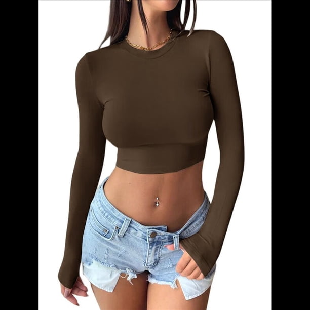 Tops Cortos de Larga para Mujer 2025 - Camisetas Básicas de Cuello Redondo y Corte Entallado para Otoño Color Café S