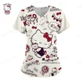 thumbnail image 2 of Camiseta con cuello en V para trabajadores del cuidado de Hello Kitty, ropa de trabajo de clínica, Tops de manga corta, uniforme de enfermera estampado, 2 of 6