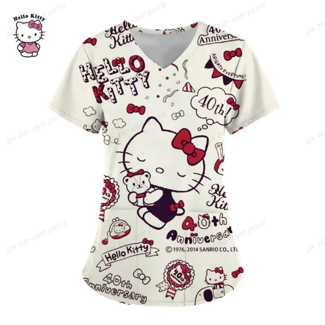 Camiseta con cuello en V para trabajadores del cuidado de Hello Kitty, ropa de trabajo de clínica, Tops de manga corta, uniforme de enfermera estampado