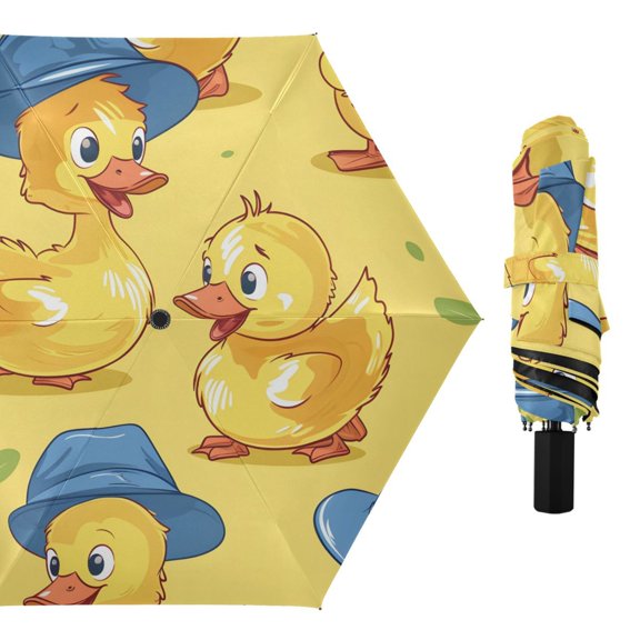 Cute Ducks Wearing Hats All Weather Umbrella Triple Folding Parasol 6 Ribs UV Protection Portable