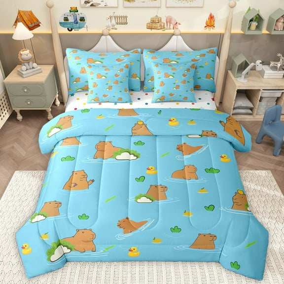 Homewish Cartoon Capybara 7-Piece Twin Bedding Sets For Children Teens,Kawaii Wildlife Bedding Comforter Set,Cute Animal Breathable Sheet Sets,Breathable Home Decor,Reversible