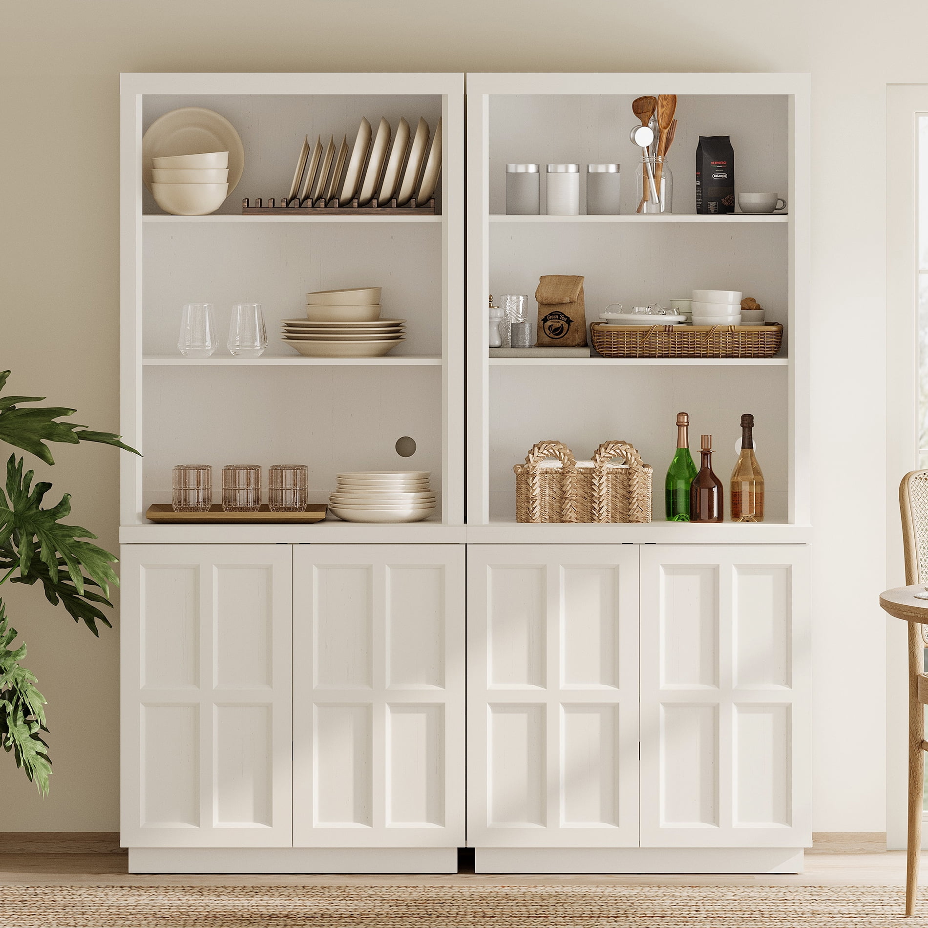 HOMOOI 2-in-1 Freestanding Pantry Cabinet, Boho Rustic Hutch with Open Display Shelves & Adjustable Inner Shelves, Anti-Wobble Wooden Storage Organizer for Kitchen, Dining Room, Entryway,White