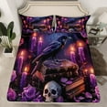 thumbnail image 2 of Manfei Gothic Skeleton Raven Twin Sheet Sets,Purple Rose Flower Twin Fitted Sheet,Happy Halloween Flat Sheet For Boys Girls,Luxury Bedroom Decor,3 Pieces, 2 of 7