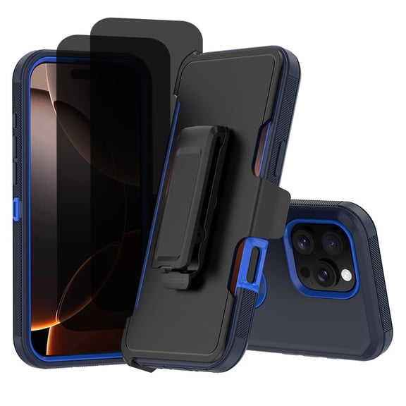 Hotpom for iPhone 13 Pro Max phone Case with 2 Pack Privacy Screen Protector Heavy Duty Shockproof Drop Protection with Black Belt Clip, Dark Blue/ Blue