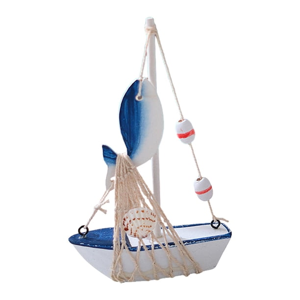 Mini modelo de velero decorativo de temática playera, pequeño barco de estilo mediterráneo de madera Pez
