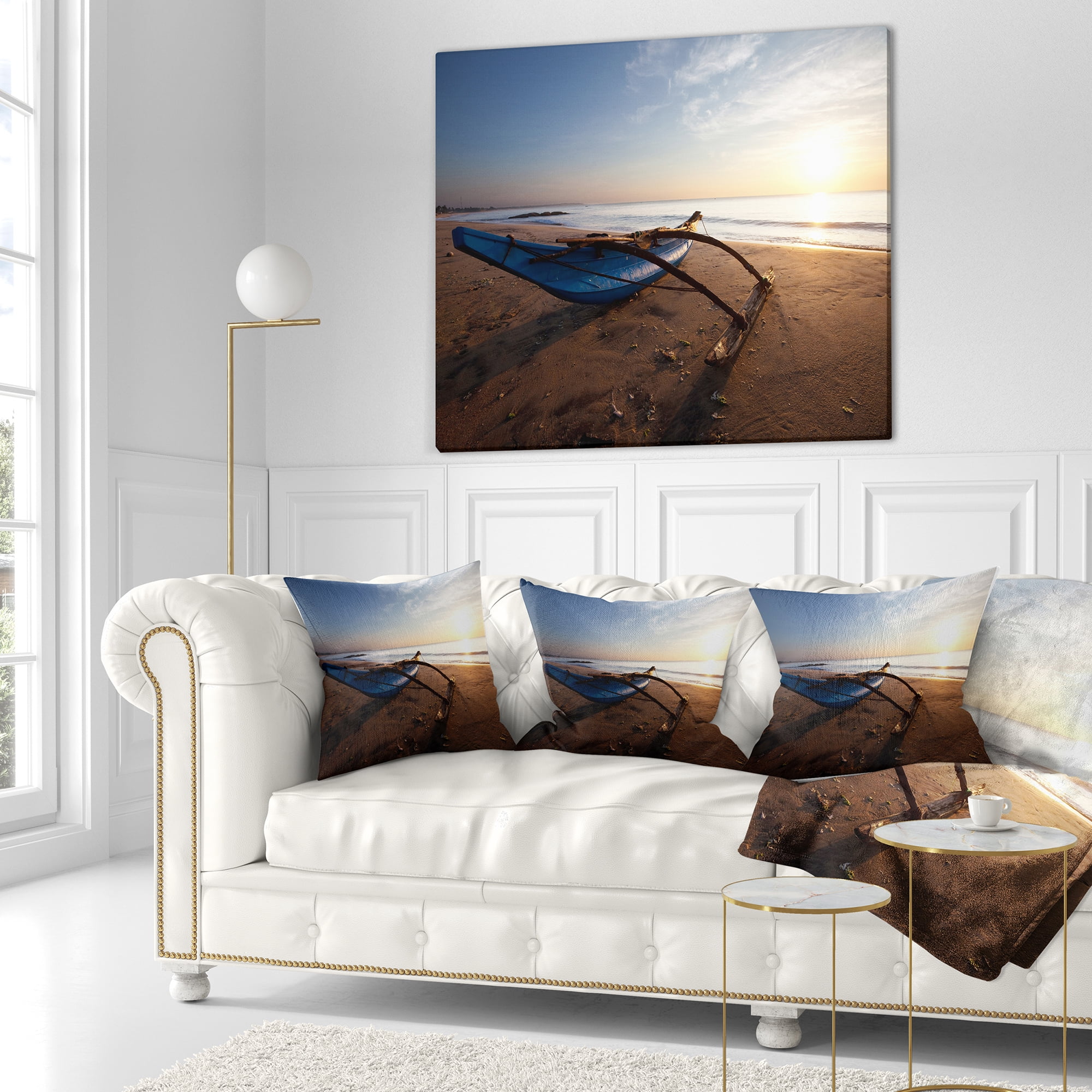 Designart Fishing Boat in Sri Lanka Beach - Seashore Throw Pillow - 18x18