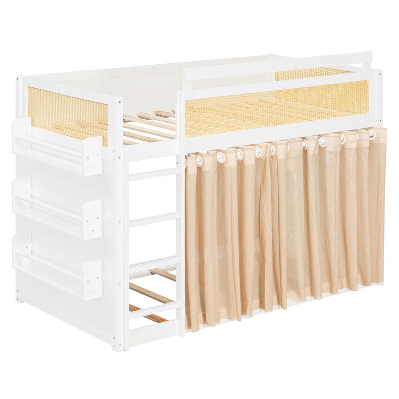 Twin Size Bunk Bed with 3-Tier Storage Shelf, Rattan-Style Design, Privacy Curtains and Built-In Light Strip, Modern Wood Twin Over Twin Bunk Bed Frame with Ladder for Kids Teens