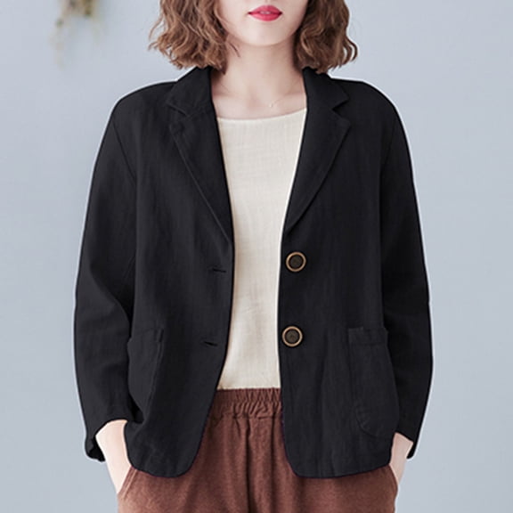 jjayotai Clearance Womens Blazer Jacket, Cotton Linen Casual Work Office Long Sleeve Suit Loose Fit 2 Buttons Solid Tops
