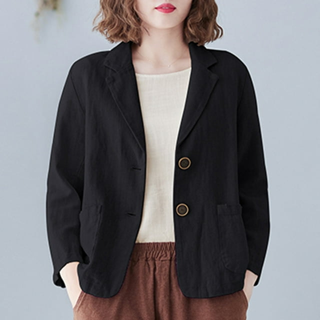 EGNMCR Veste à Manches Longues pour Femmes, Manteau et Vestes Décontractés Sans Capuche à Manches Longues pour Femmes, Veste Cardigan Courte en Lin à Col Rabattable à Manches 3/4, Petit Complet, Haut Veste pour Femmes, Chemisier à Carreaux