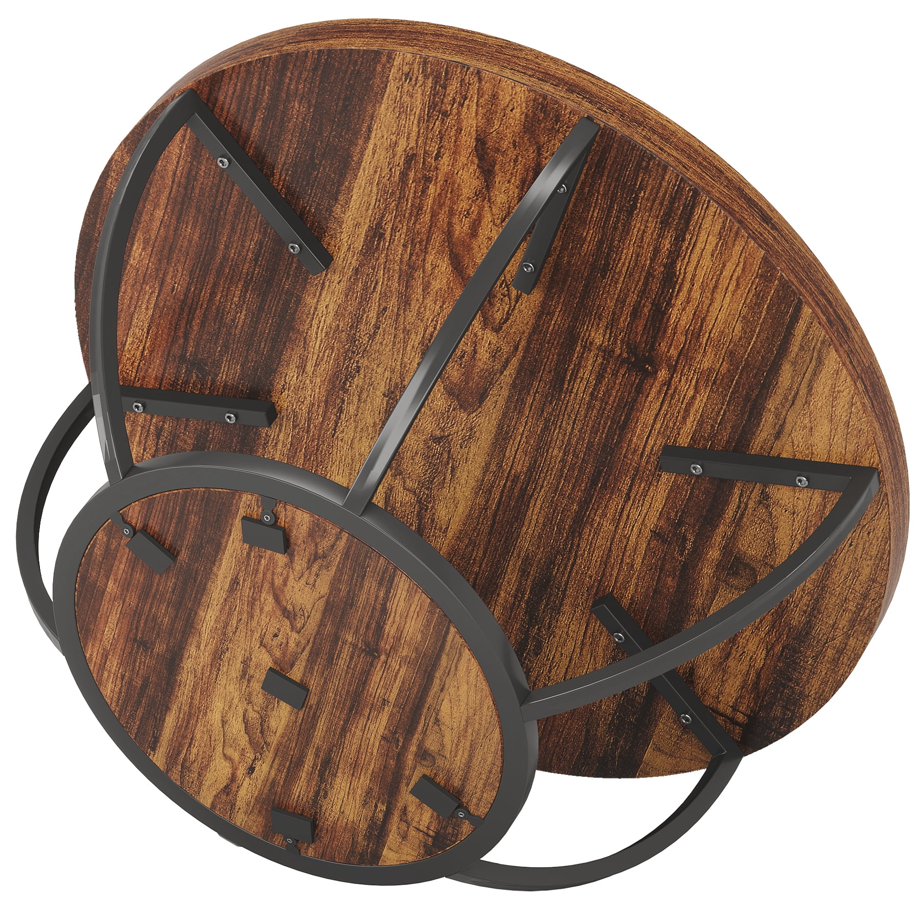 Fnova Coffee Table with 2 - Tier Storage, 32" Round Wood Coffee Table with Metal Legs, Modern Rustic Style Center Table for Living Room, Dark Brown and Black