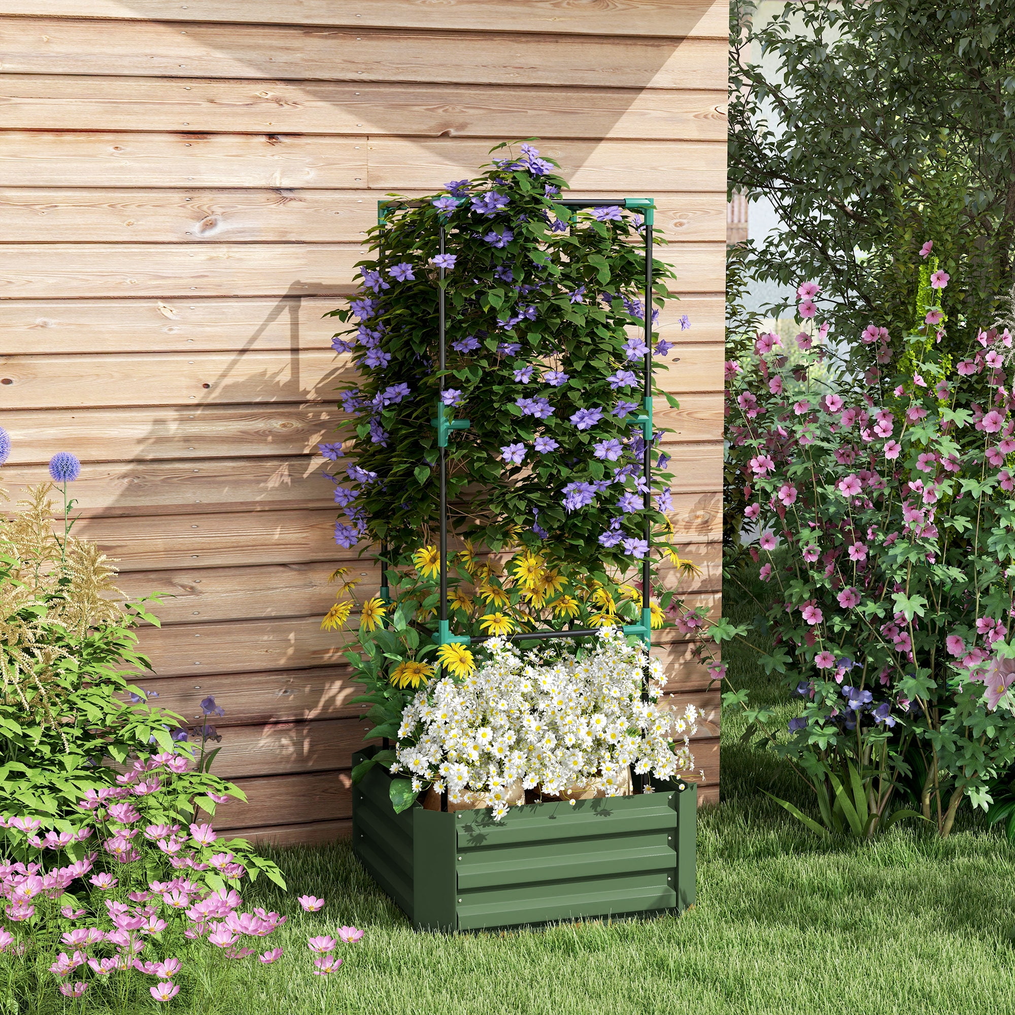 Homiyad Galvanized Planter Box, 24" x 24" x 11.75" Raised Garden Bed with Tomato Cage for Climbing Vines, Light Green