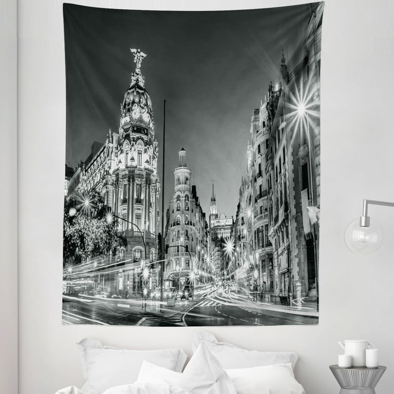 Black and White Tapestry Madrid City at Nighttime in Spain Main Street Architecture Fabric Wall Hanging Decor for Bedroom Living Room Dorm 5 Sizes Black White Grey by Ambesonne Walmart