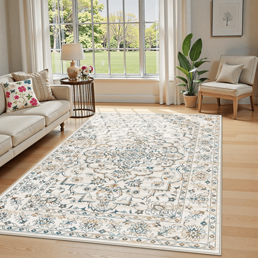 uzus Thin Washable Vintage Area Beige & Brick Red Rug, 3'x5' Non-Slip Foldable Living Room Rug Stain Resistance Mat Oriental Persian Rug for Bedroom,