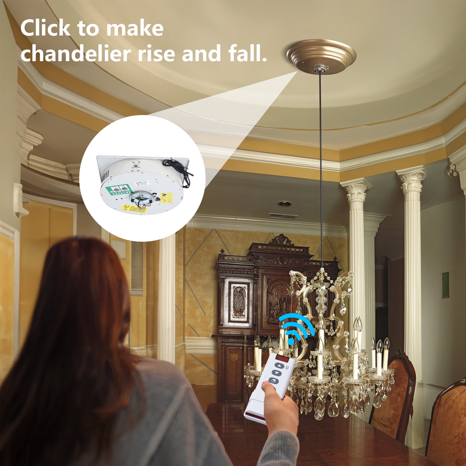 Huiye Rotating Chandelier Lift System, 110V Power - Remote Control Rotating Function & Lift 16'' Ceiling Joist,220 lbs,20ft Lift
