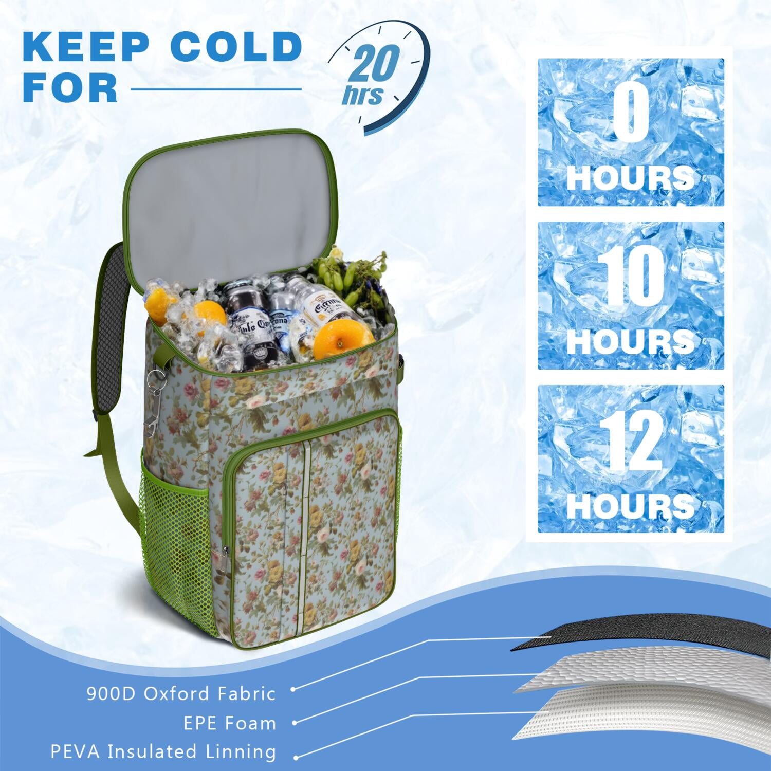 Travel Cooler Bag - Pioneer Flower Floral Print Pattern Camping Beer Cooler Backpack with Bottle Opener- Waterproof Insulated Picnic Backpacks - Cooler Bag for Beach