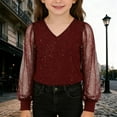 thumbnail image 2 of Gelikeya Girls Mesh Puff Long Sleeve Shirts 2026 Spring Fall V Neck Ribbed Knit Back to School Tops Casual Work Blouse 13-14 Years, 2 of 5