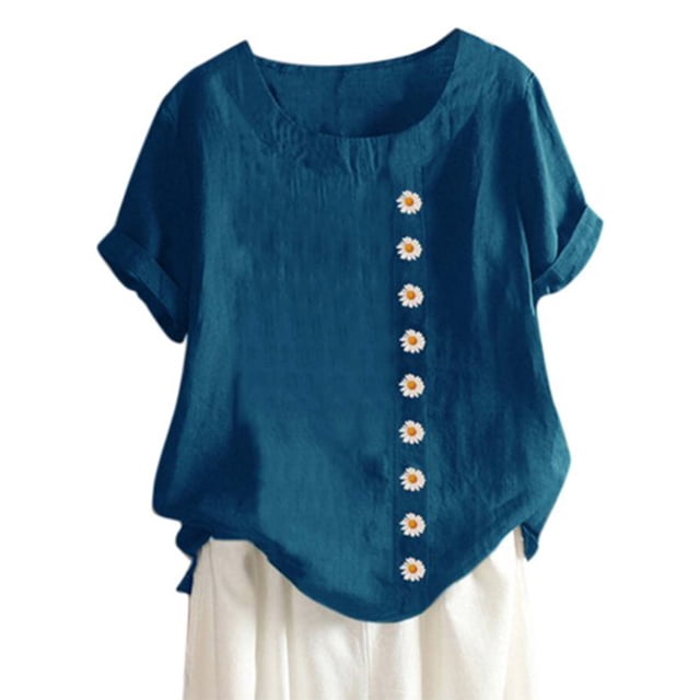 Qarigey Blusa Lino Suelta Camisa Manga Corta Cuello Mujer Top Verano Prendas para la parte del cuerpo azul 3XL