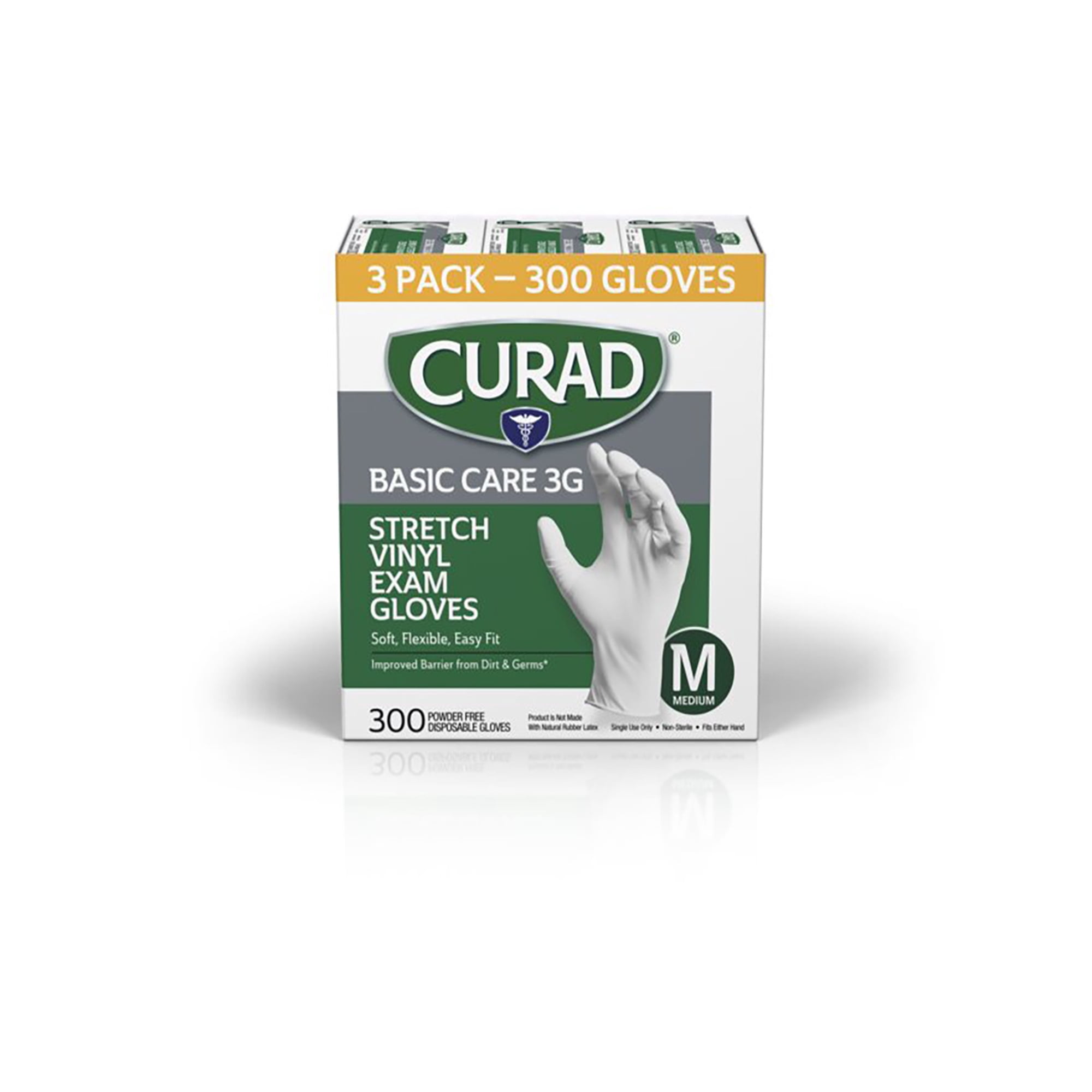 Curad Basic Care 3G Stretch Vinyl Exam Gloves, Powder Free, Medium, 300 Count