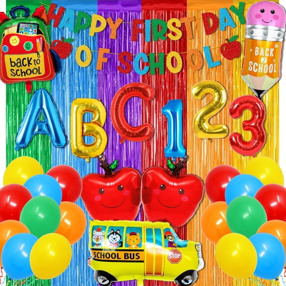 Xizondidi First Day of School Decorations 54PCS Back to School Decorations with SchoolBus Bag Pencil Apple Balloons Paper Banner Colorful Curtain for Kindergarden Classroom
