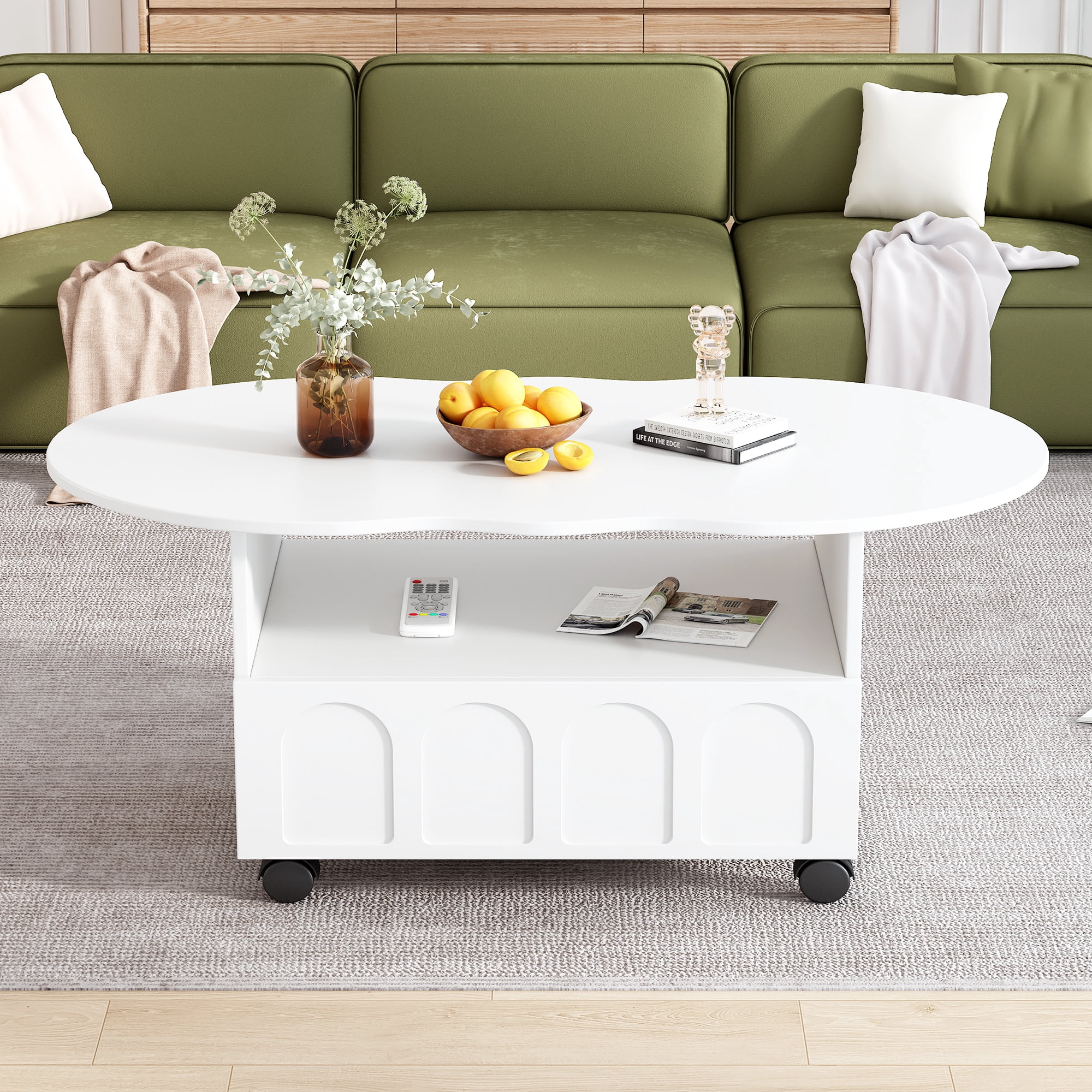 MAYEERTY Flexible Cream Style Coffee Table with 2 Brake Wheels, Cloud Top Side Table with Drawer, Irregular Center Table with Large Storage for Living Room, White, 39.37''x 23.6''