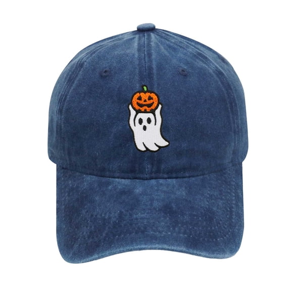 LEKODE Men Women Pumpkin Embroidered Washed Baseball Cap, Vintage Distressed Curved Brim Hat, Adjustable Holiday‑theme Sun Cap for Party Travel Daily Use Navy One Size