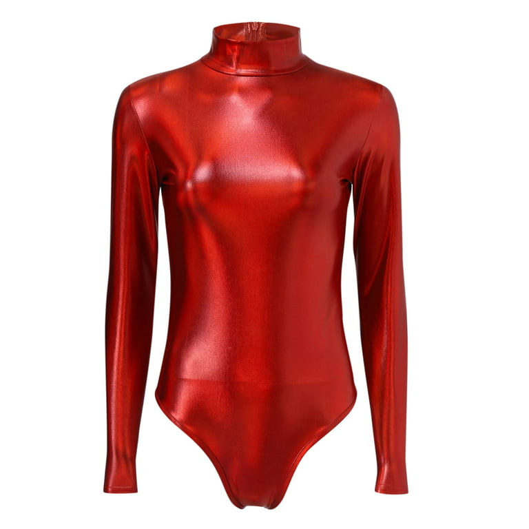 Wozhidaoke bodysuit Yoga Jumpsuits Shiny Metallic Leather Neck Long Sleeve  Leotard Bodysuit shapewear bodysuit