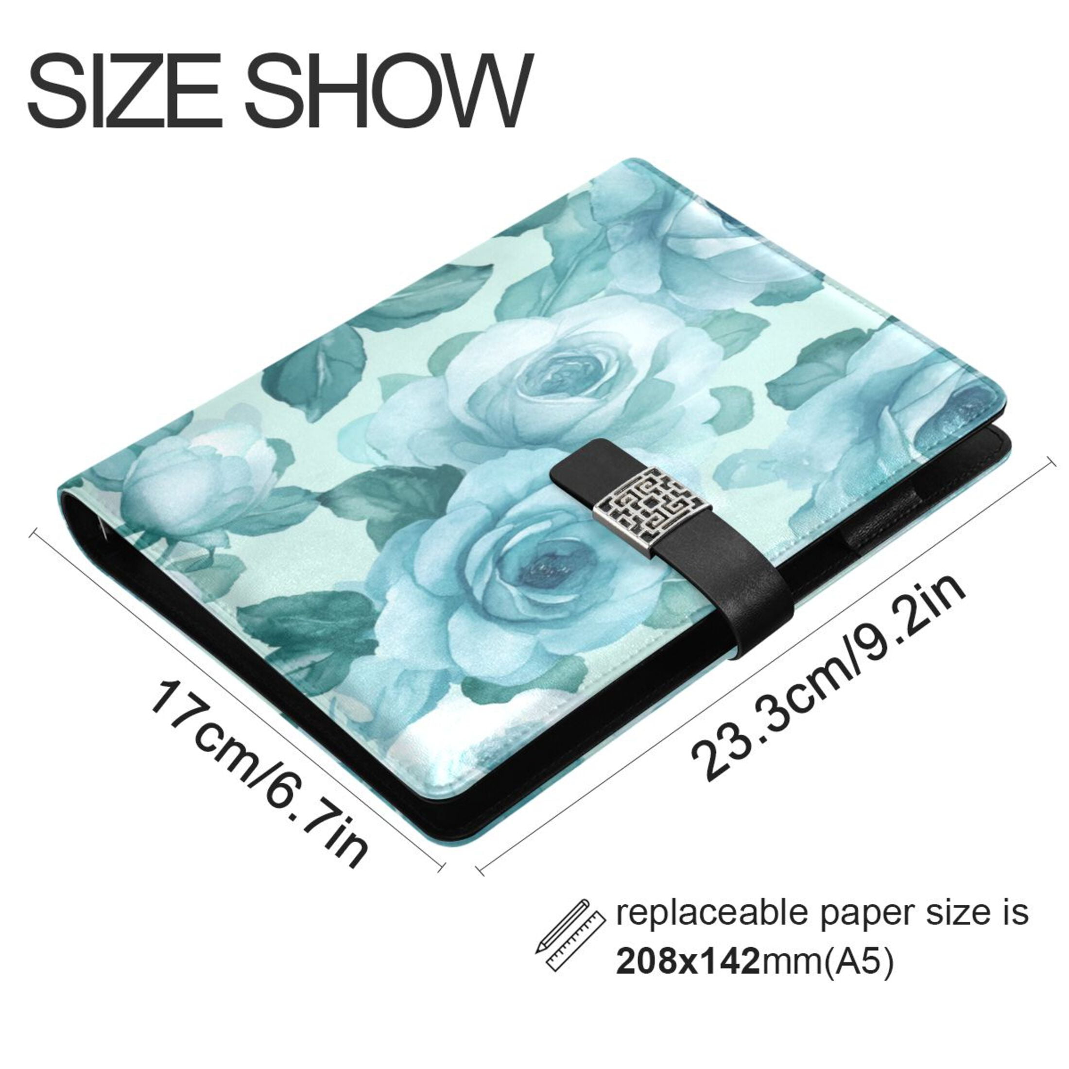 Leather Planner Leather Notebook Notebook Journal Binder Design Pen Pocket Design Convenient for Storage Cartoon Turquoise Roses Seamless