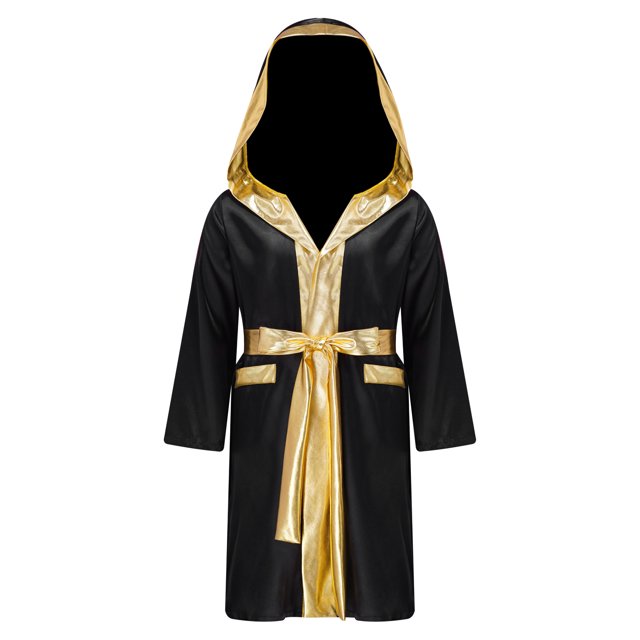 Moggemol Garçons Enfants Robe de Boxe Robe Longueur Complète Cape à Capuche en Satin avec Ceinture Tenue de Boxe d'Halloween Noir 14