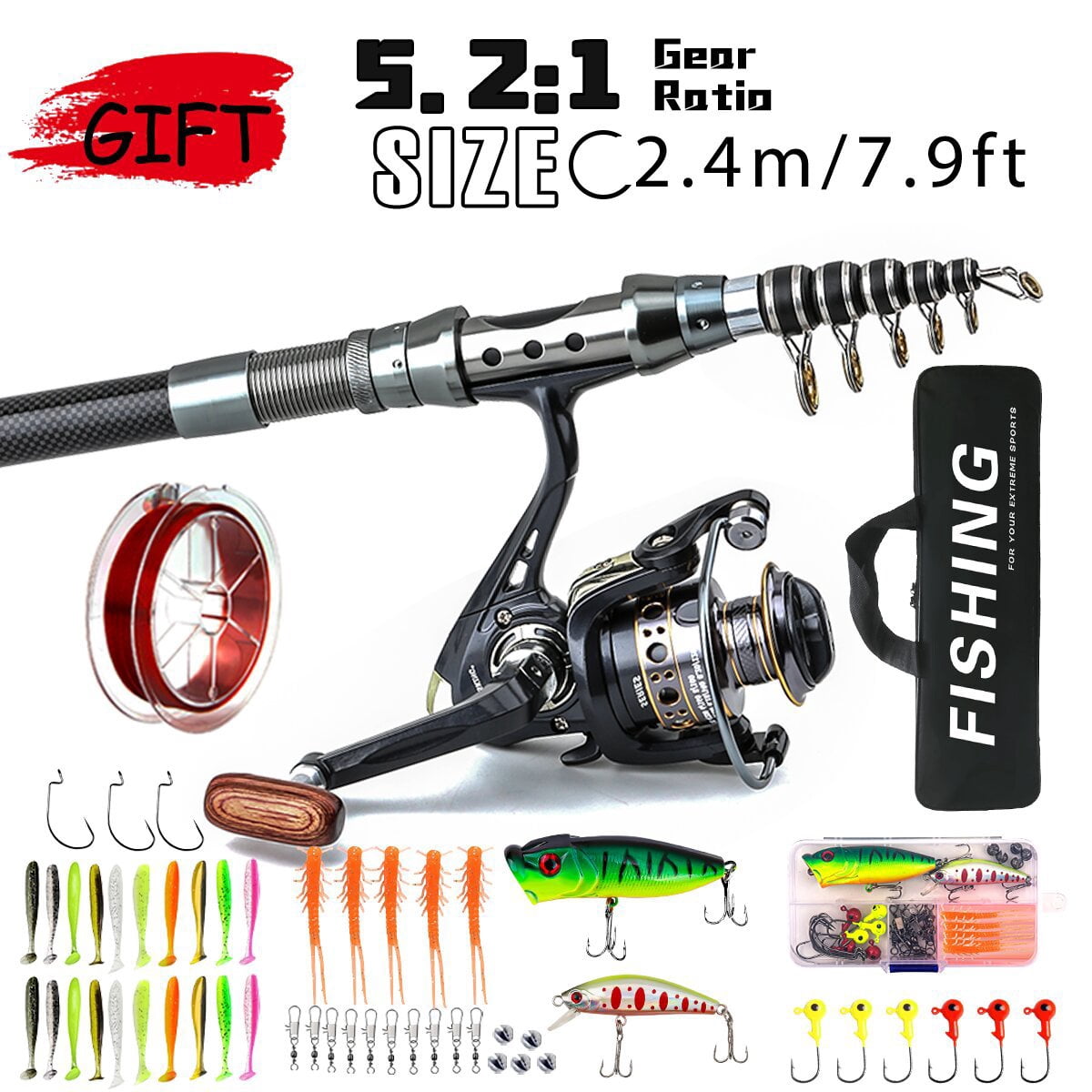 Carbon Fiber Travel Fishing Rod Corrosion-Resistant Saltwater Spinning Rod 5 Collapsible Section with Carry Bag Beach