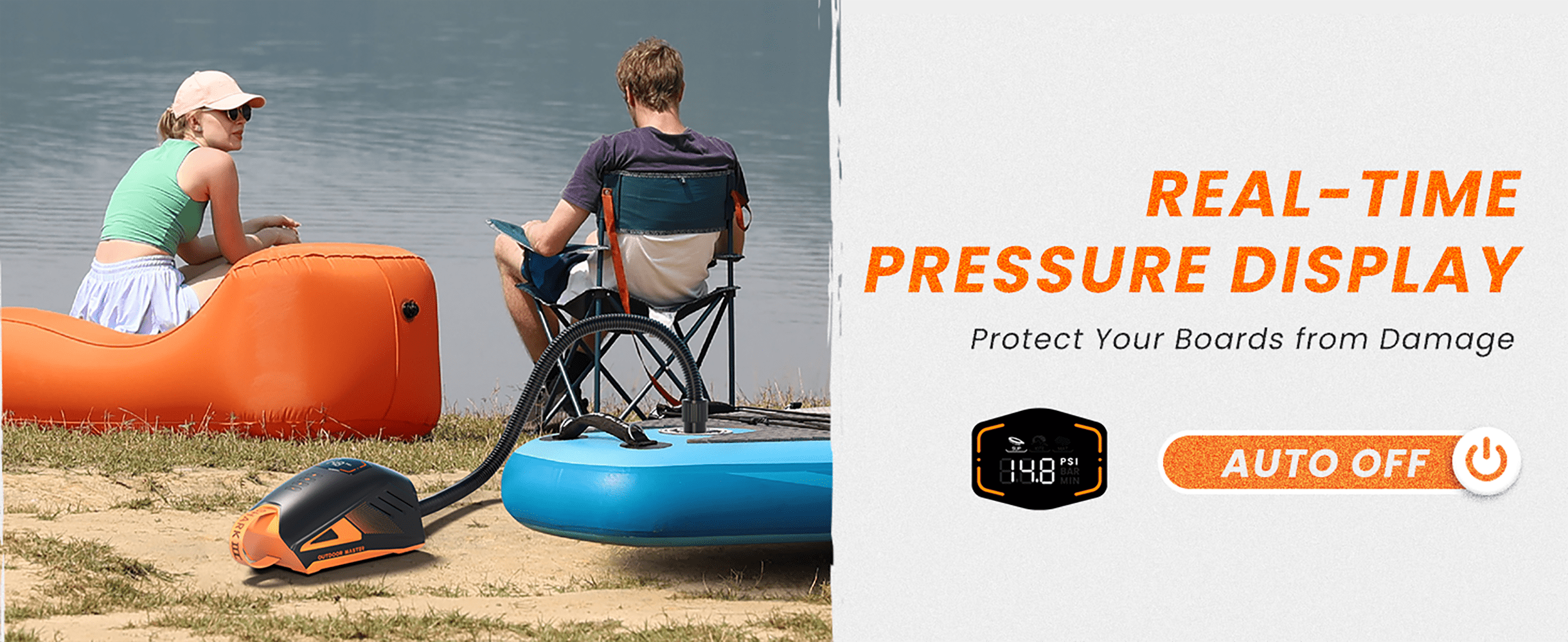 OutdoorMaster 20PSI High Pressure 74Wh Rechargeable SUP Air Pump Electric Shark 3 - Auto-Off & Deflation,12V DC & Type-C Input, for Inflatable Stand Up Paddle Boards, Boats