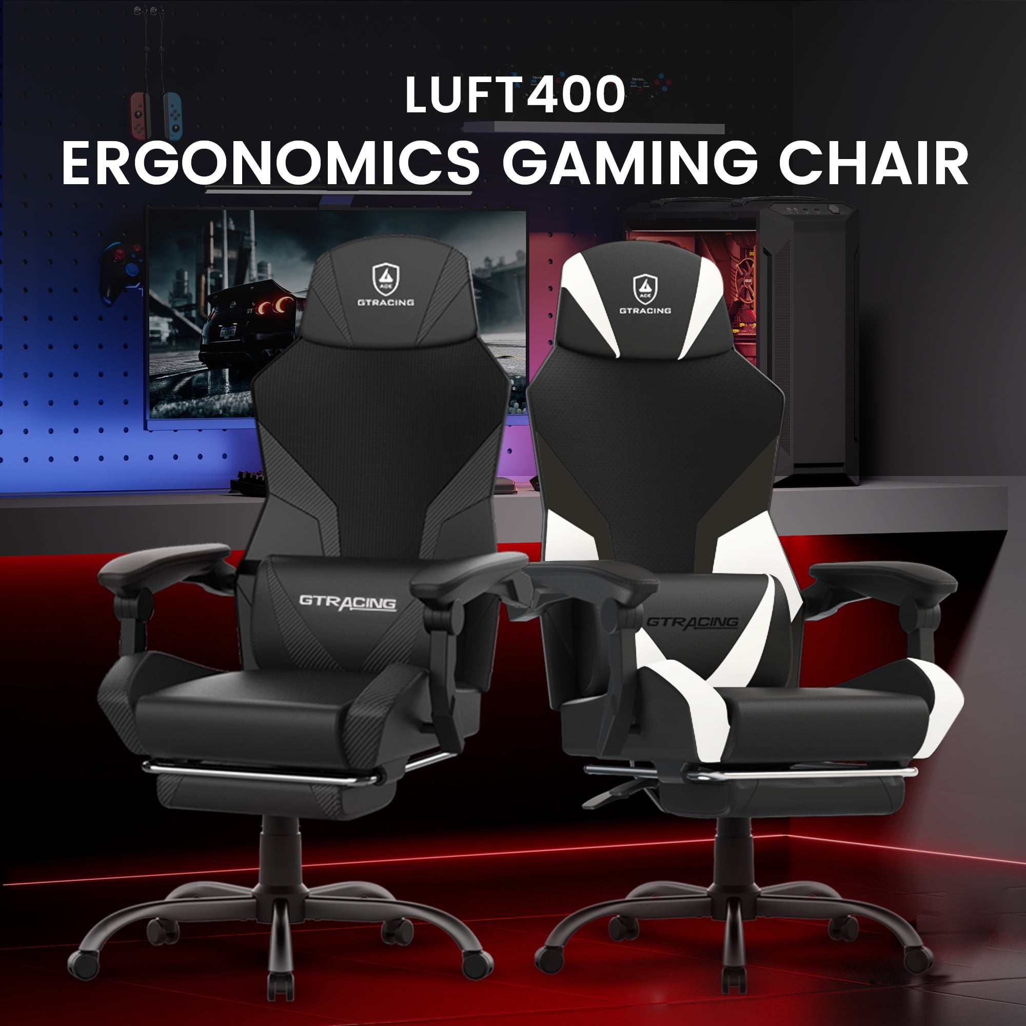 GTRACING LUFT-400 Mesh & Faux Leather Ergonomic Gaming and Office Chair with Adjustable Reclining, Lumbar Support, and Footrest, White