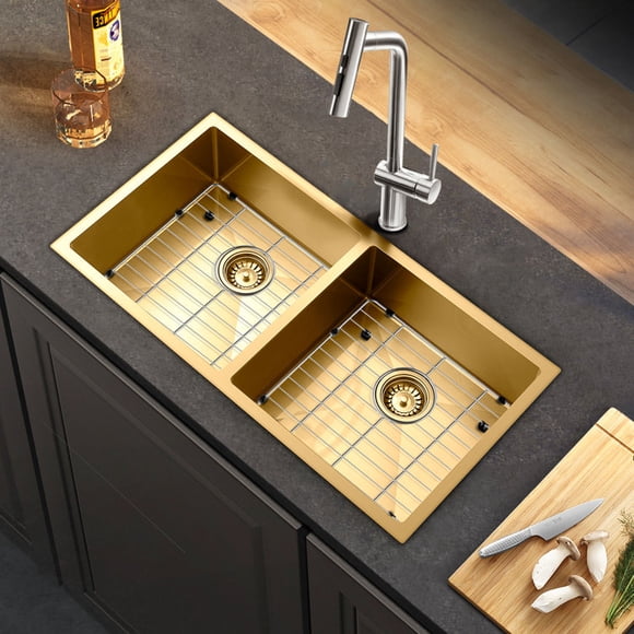 HIGOLD Évier de Cuisine à Double Bol de 33 Pouces sous Plan, Évier Nano en Acier Inoxydable, PVD Or 33"X18"X10 Pouces