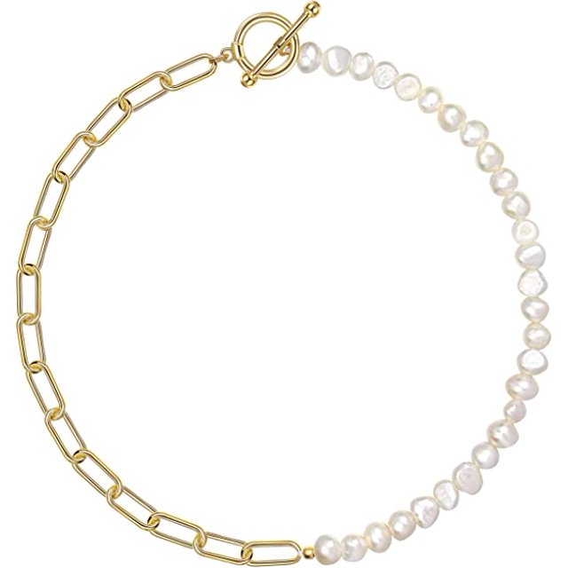 Clip de papel Collar de perlas Cadena de eslabones gruesos vintage Perlas cultivadas barrocas Gargantilla de oro de 18 k Moda Retro Encanto Joyería de San Valentín para mujeres Niñas - oro Sincero Electrónica