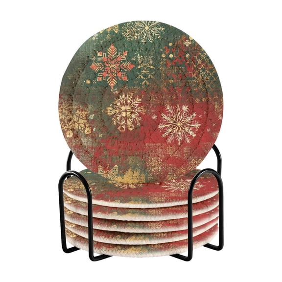 Christmas Themed Snowflakes Coasters with Holder for Coffee Table 6 Pcs Drink Coaster Sets Absorbent for Home Decor 4 inch