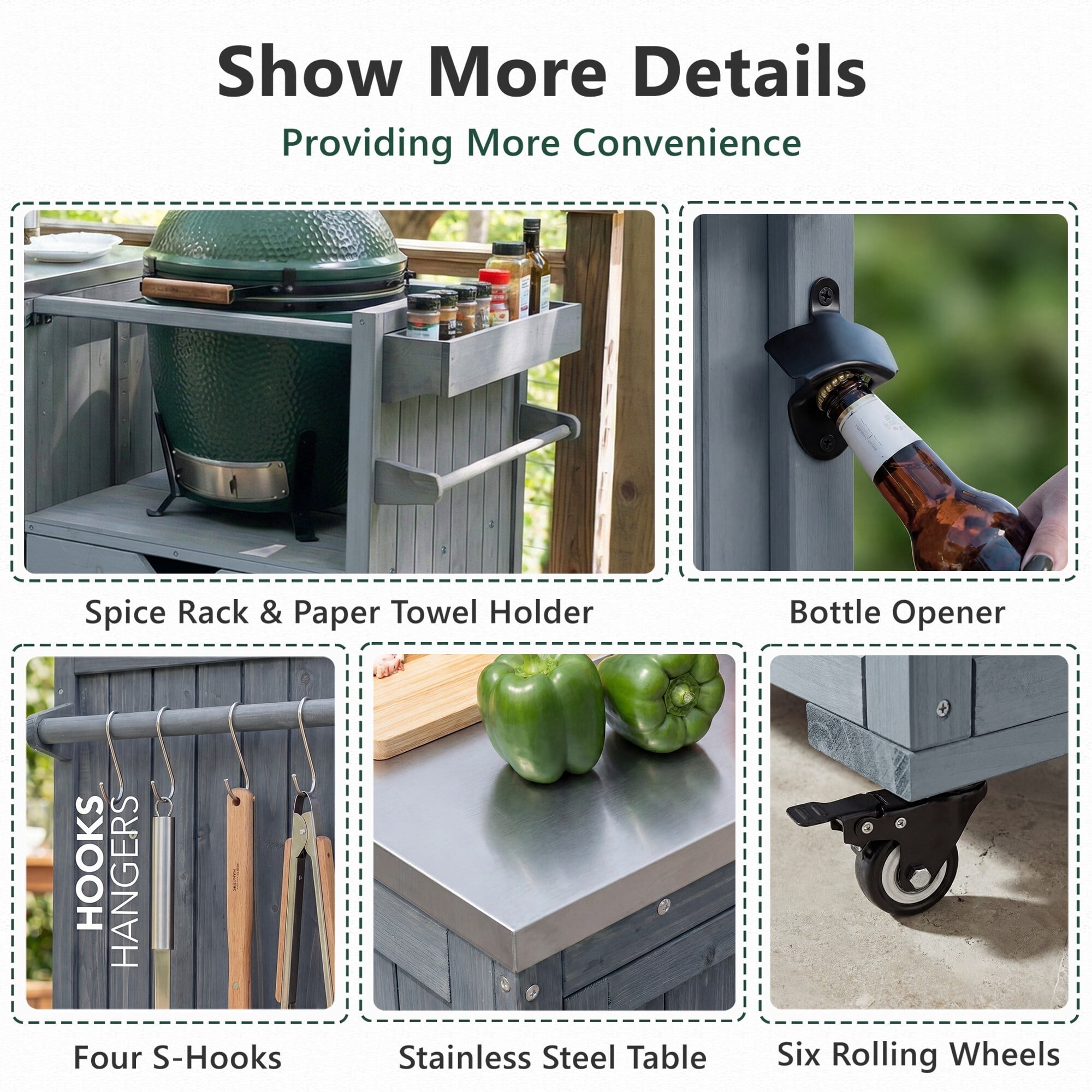 AENKYO 80.5" Outdoor Kitchen Island for Big Green Egg & Blackstone, Wood Grill Cart with Stainless Steel Top, Gray Blue