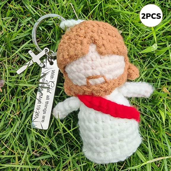 2pcs Crochet Jesus Keychain, Cute Handmade Knitting Bag Charm with Stainless Steel Tag, Inspirational Gift for Friends