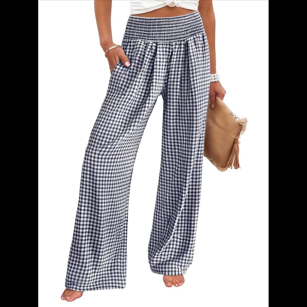 Pantalones Palazzo de Cuadros para Mujer, Pantalones de Pijama de Cintura Alta y Pierna , Pantalones Casuales Bonitos con Bolsillos Azul Marino XXL